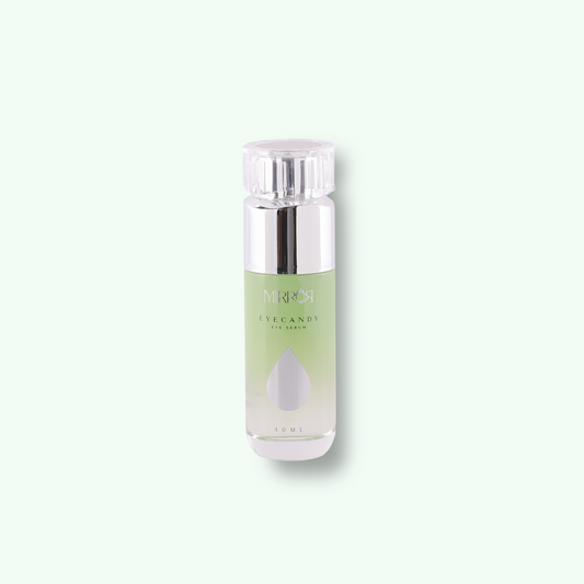 Mirror Skin Eyecandy hydrating eye serum bottle on mint background.