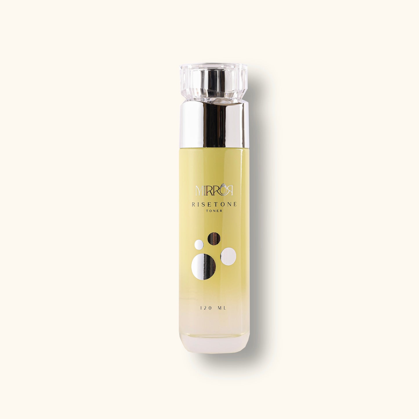 Mirror Skin Risetone balancing hydrating toner bottle on cream background.