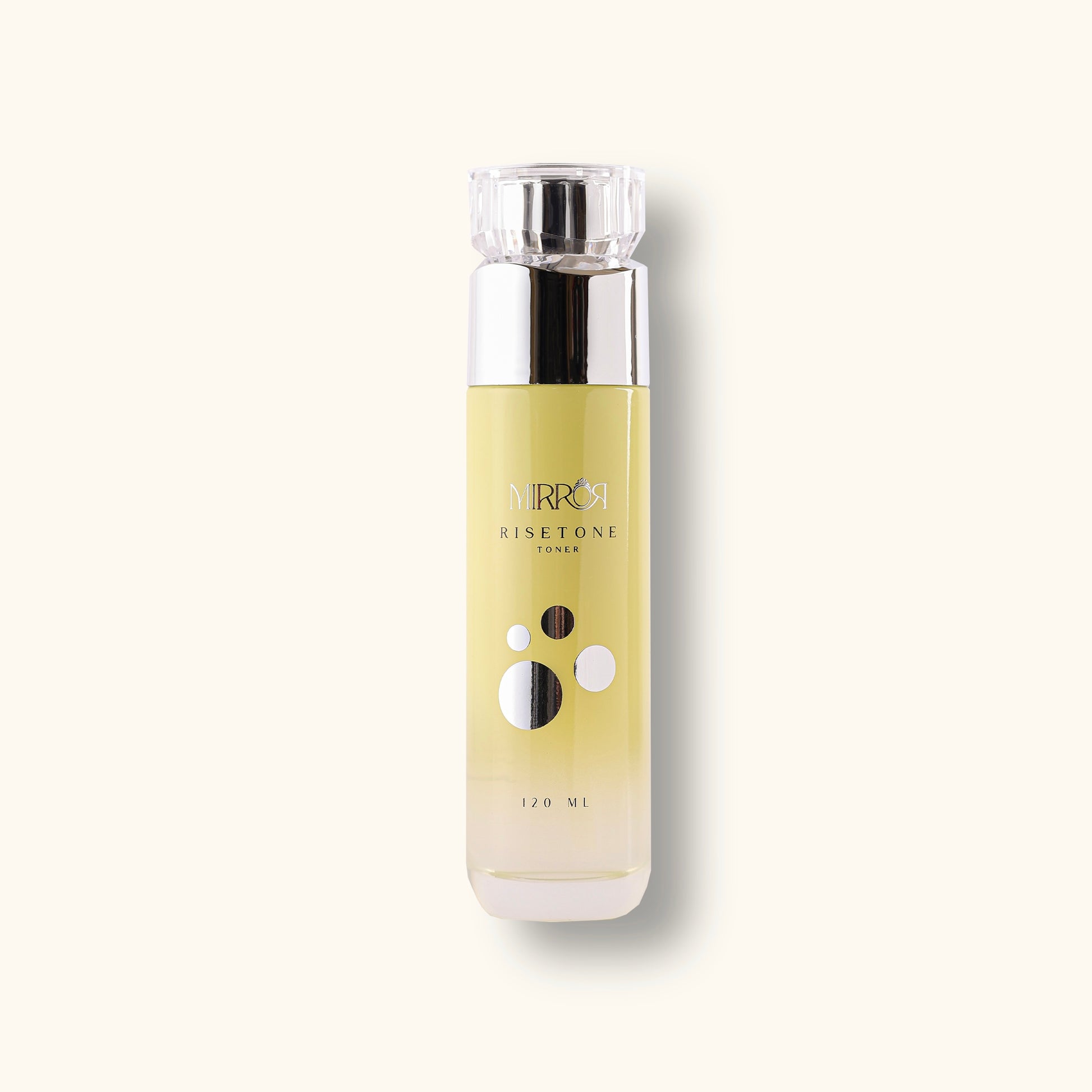 Mirror Skin Risetone balancing hydrating toner bottle on cream background.