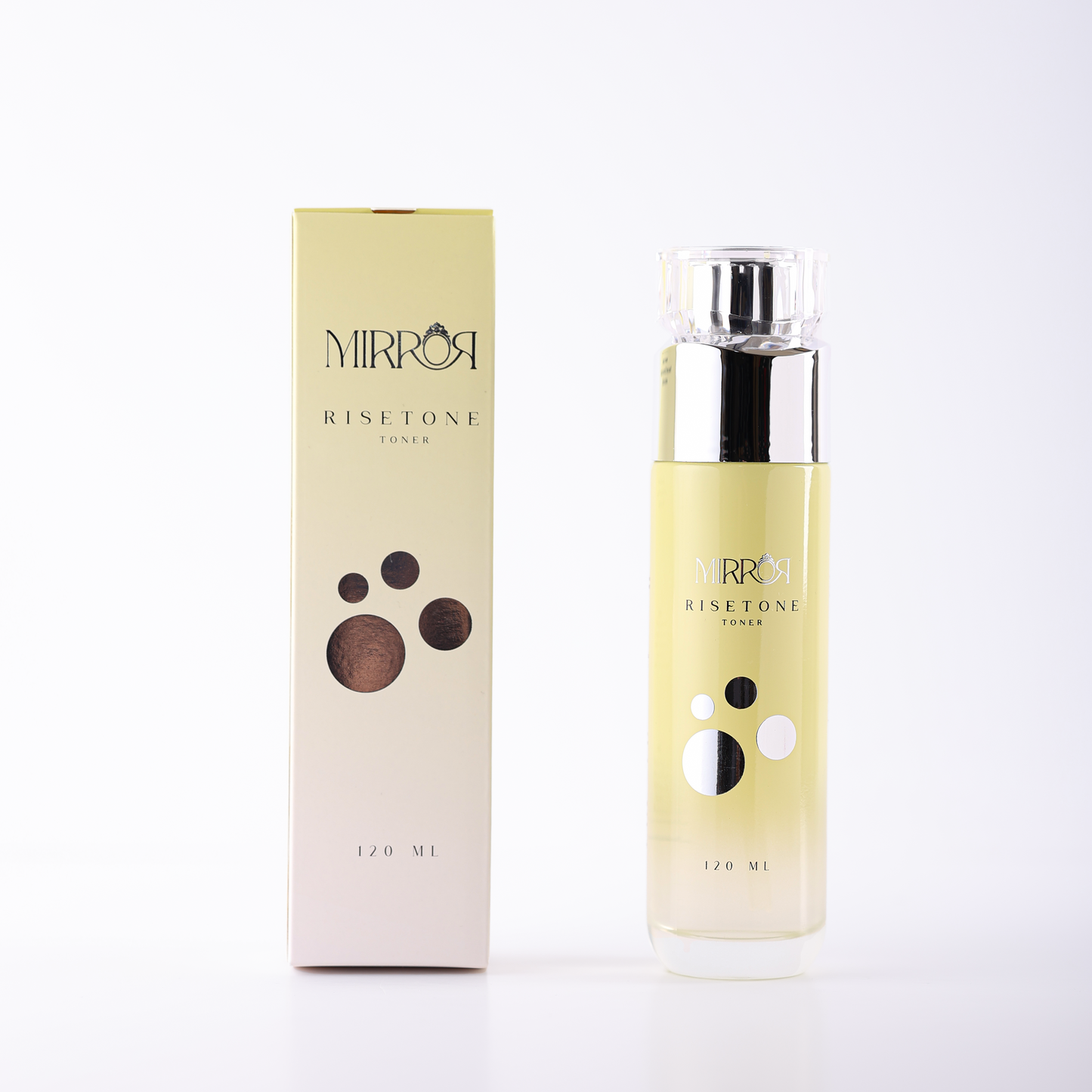 Mirror Skin Risetone Toner with its yellow packaging box, a hyaluronic acid formula for balanced and glowing skin.